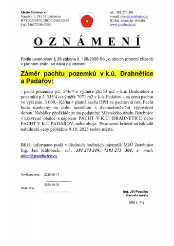 Záměr pachtu pozemků v k.ú. Drahnětice a Padařov
