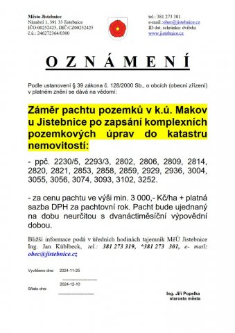Záměr pachtu pozemků v k.ú. Makov u Jistebnice po KPÚ