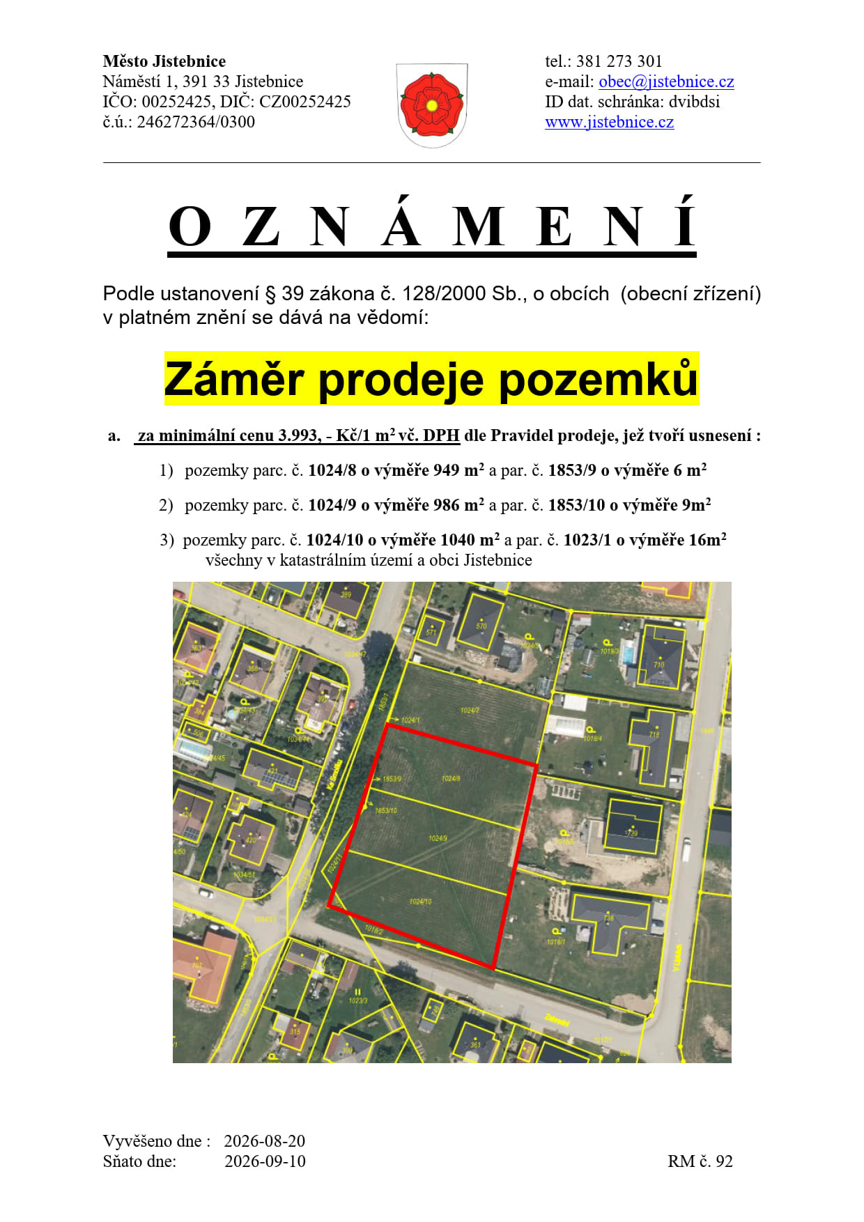 Záměr prodeje pozemků v k.ú. Jistebnice - stavební parcely