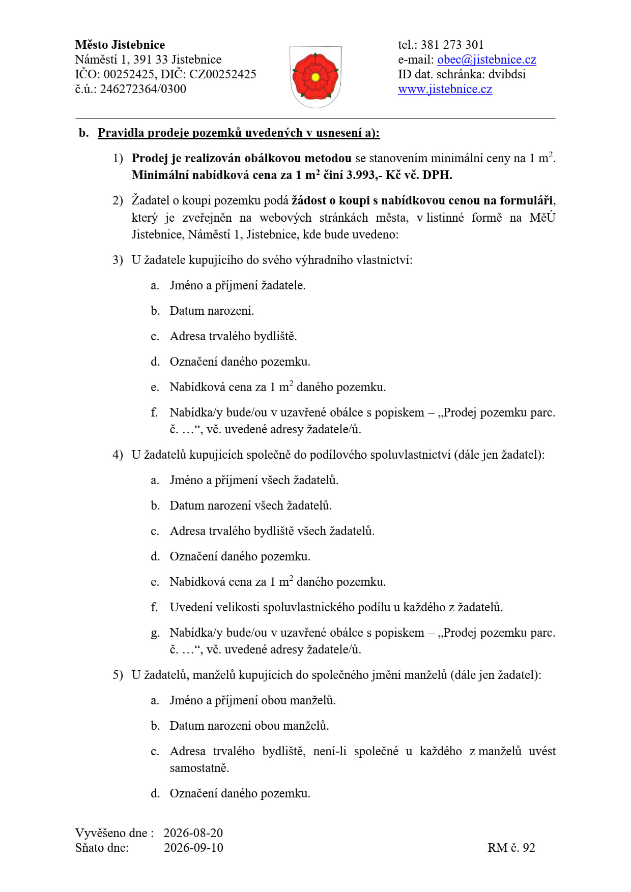 Záměr prodeje pozemků v k.ú. Jistebnice - stavební parcely