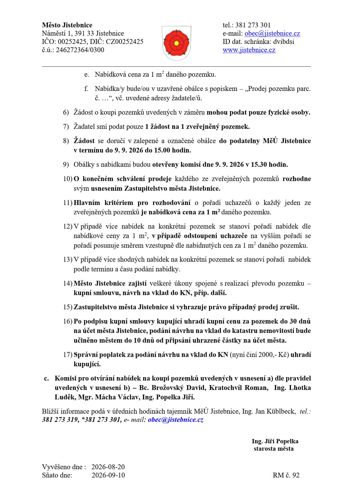 Záměr prodeje pozemků v k.ú. Jistebnice - stavební parcely