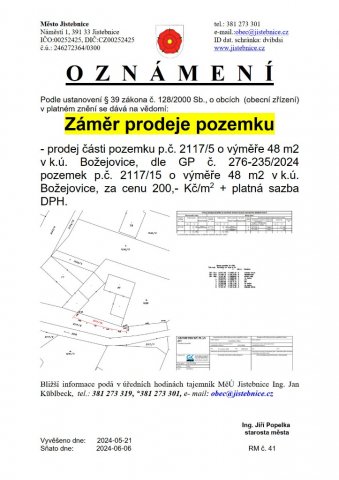 Záměr prodeje části pozemku p.č. 2117_5  v k.ú. Božejovice v Božejovicích