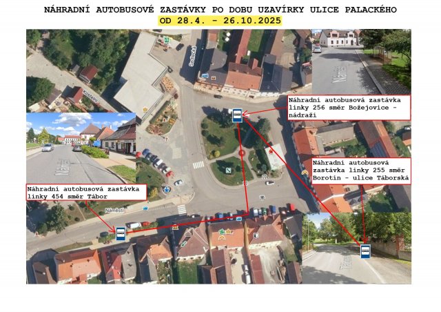 Náhradní autobusové zastávky po dobu uzavírky ulice Palackého